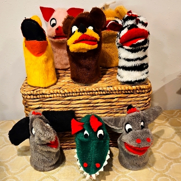 70s Sheram Hand Puppet Animal Set: Pig Croc Duck Bear Zebra Elephant Giraffe - Picture 1 of 11